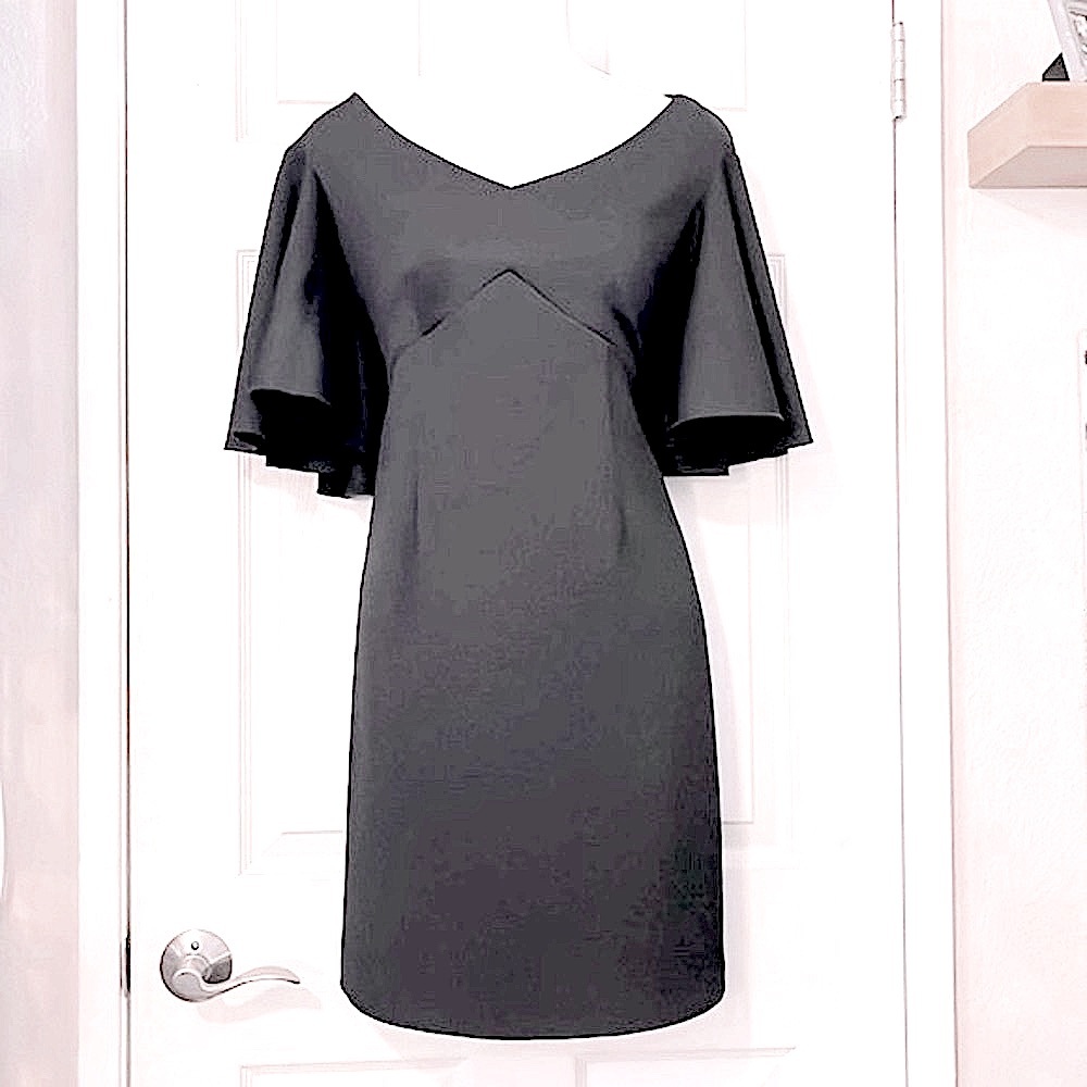 Trina Turk Scoop V Neck LBD Cocktail Black Satin Flutter Sleeve Sheath Dress 4